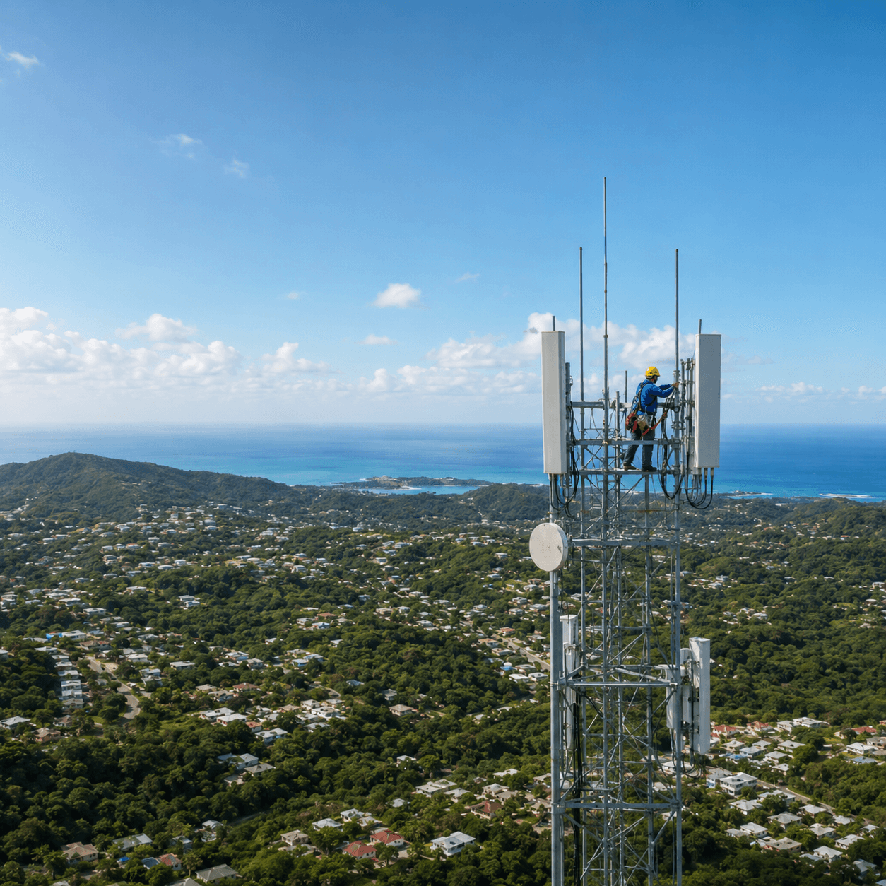 RFTA technician working atop a telecommunications tower overlooking a Puerto Rico coastal town
