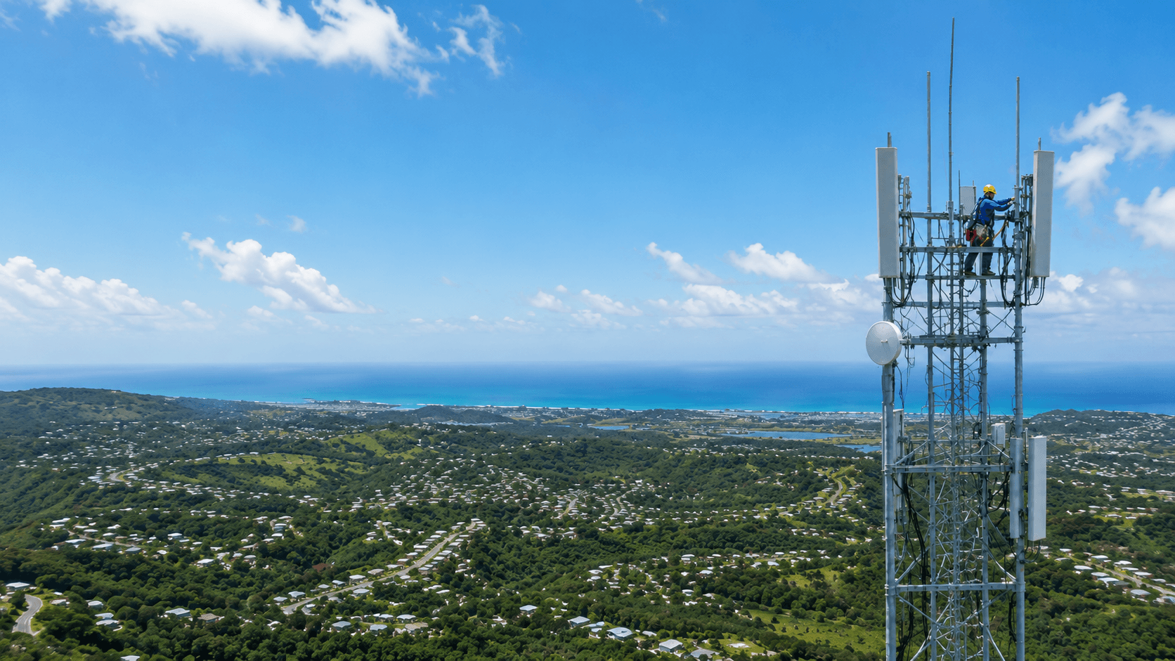 Aerial view of a telecommunications tower site in Puerto Rico