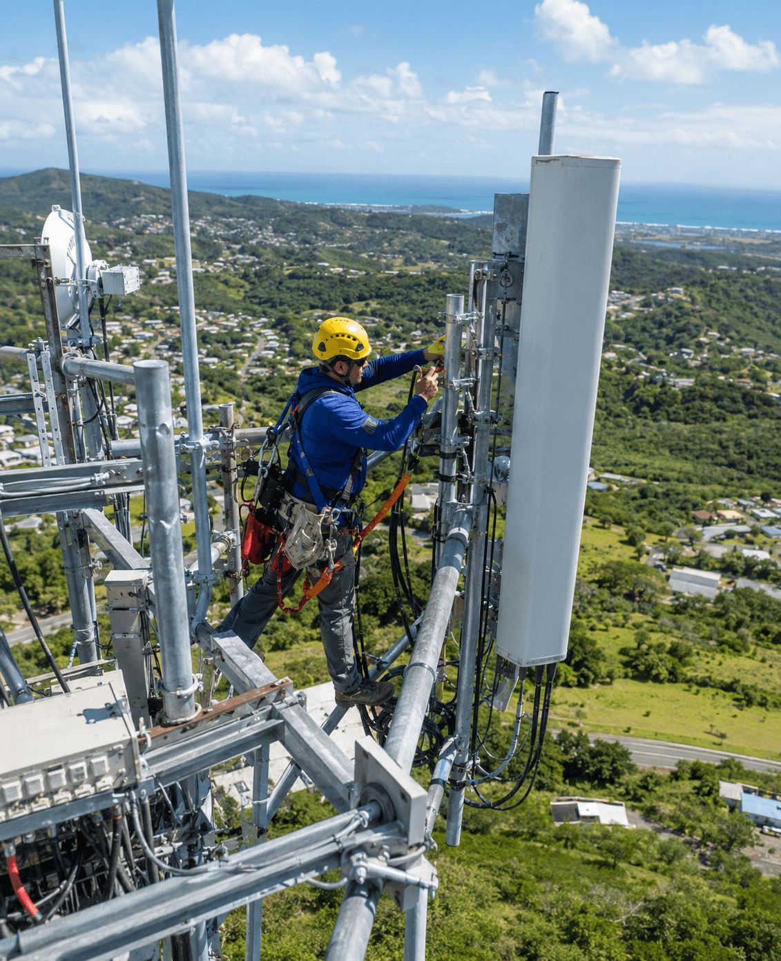 Tower crew performing installation work on a telecommunications tower